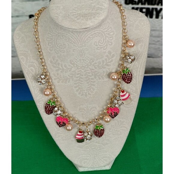 Charter Club Heart, Fruit & Cupcake Charms Faux Pink Pearl Statement Necklace - Picture 1 of 6